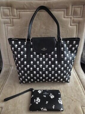 COACH Badlands Floral City Tote & Wristlet Black and White Roses Coated Canvas